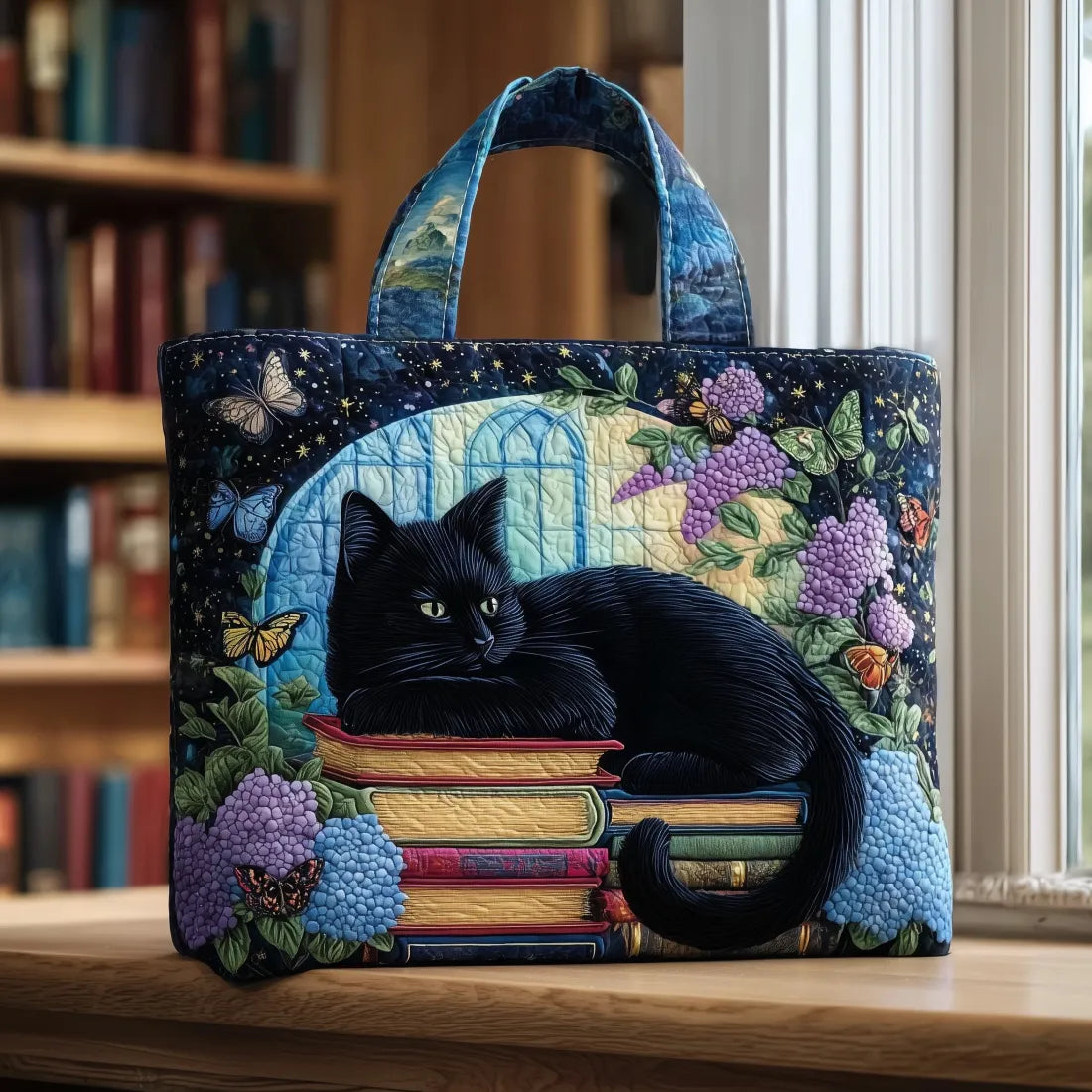 Bolso artesanal Chat Noir con estampado de libros
