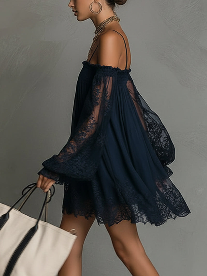 Naomi / Vestido corto y vaporoso con mangas de encaje