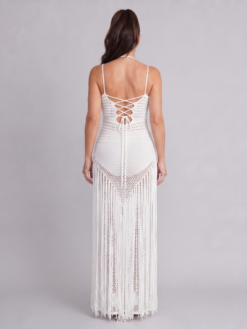 Zephyra | Abito Maxi con Scollo All'americana e Dettagli in Frange