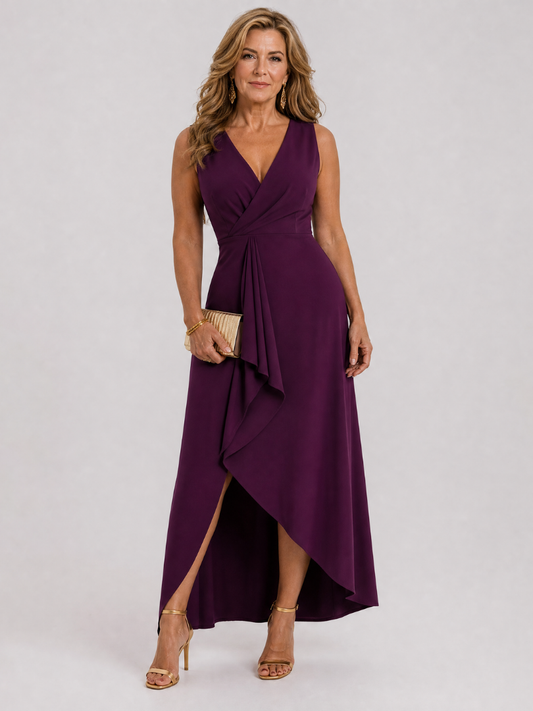 Ocla - Vestido midi sin mangas, cruzado y con corte asimétrico
