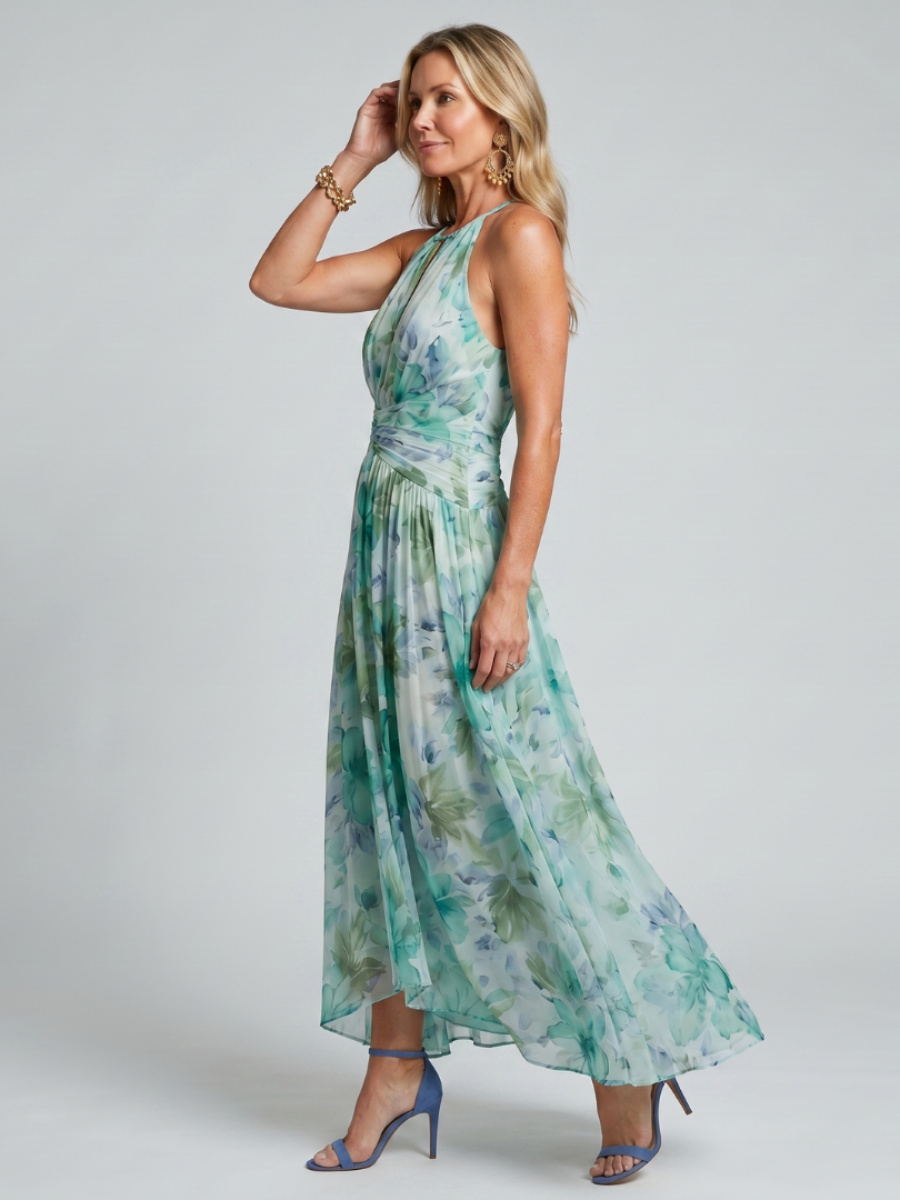 Portia | Abito Midi in Stile Halter con Motivo Floreale Pieghettato
