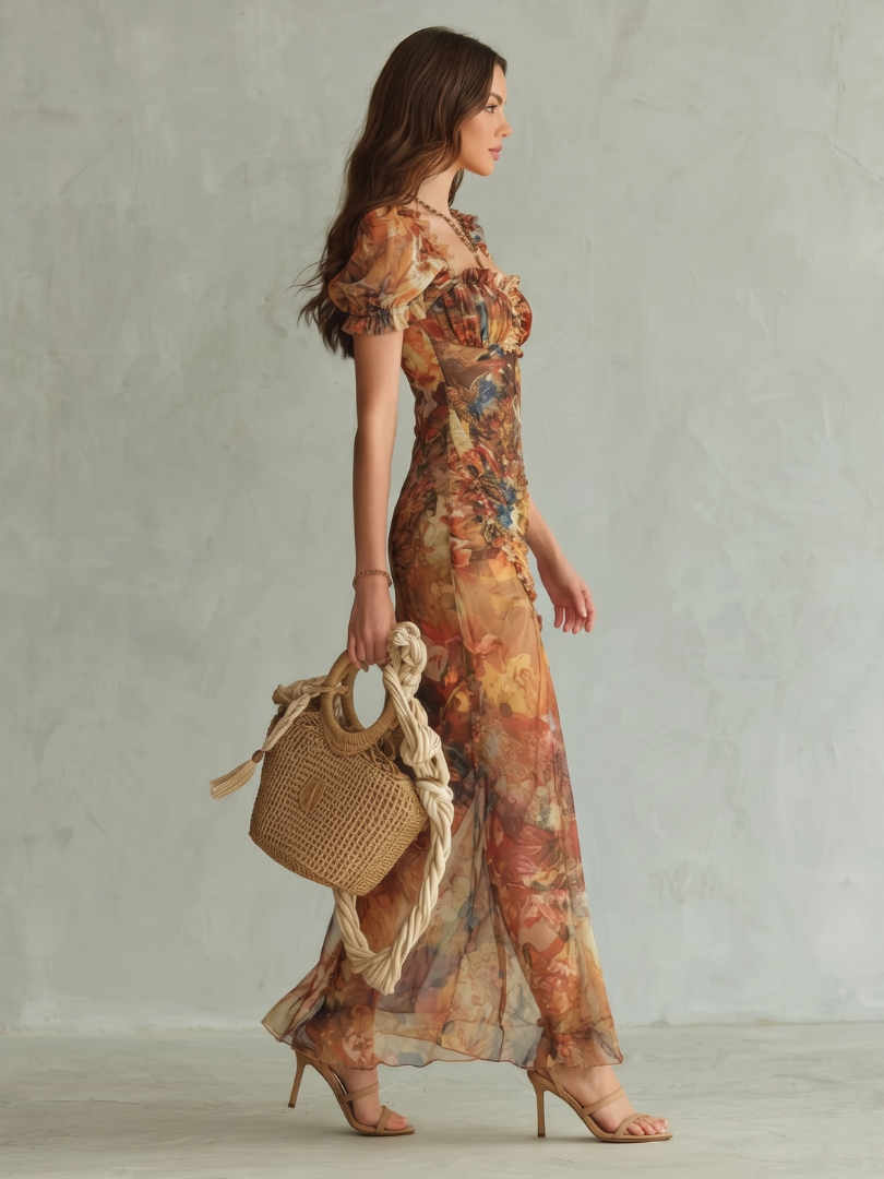 Ciel | Abito Midi Arricciato con Maniche a Volant