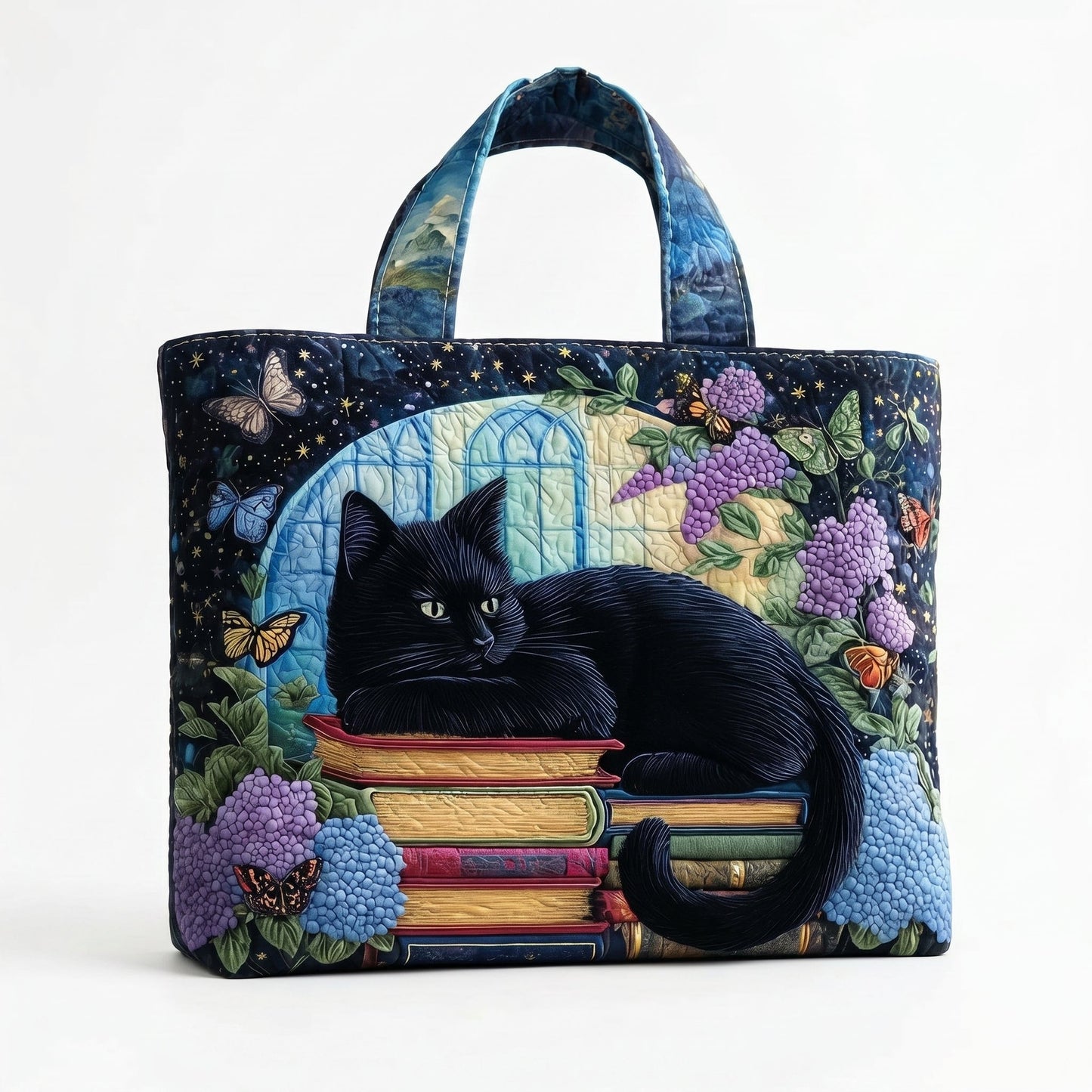 Bolso artesanal Chat Noir con estampado de libros