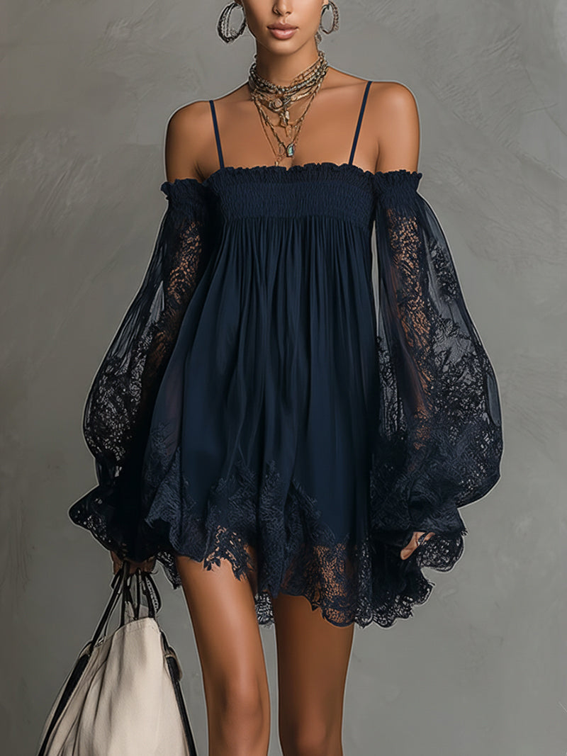 Naomi / Vestido corto y vaporoso con mangas de encaje