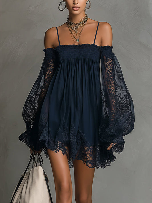 Naomi / Vestido corto y vaporoso con mangas de encaje